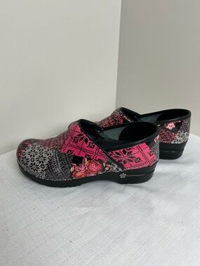 Sanita Pink and Black Patterned Slip-On Danish Clogs